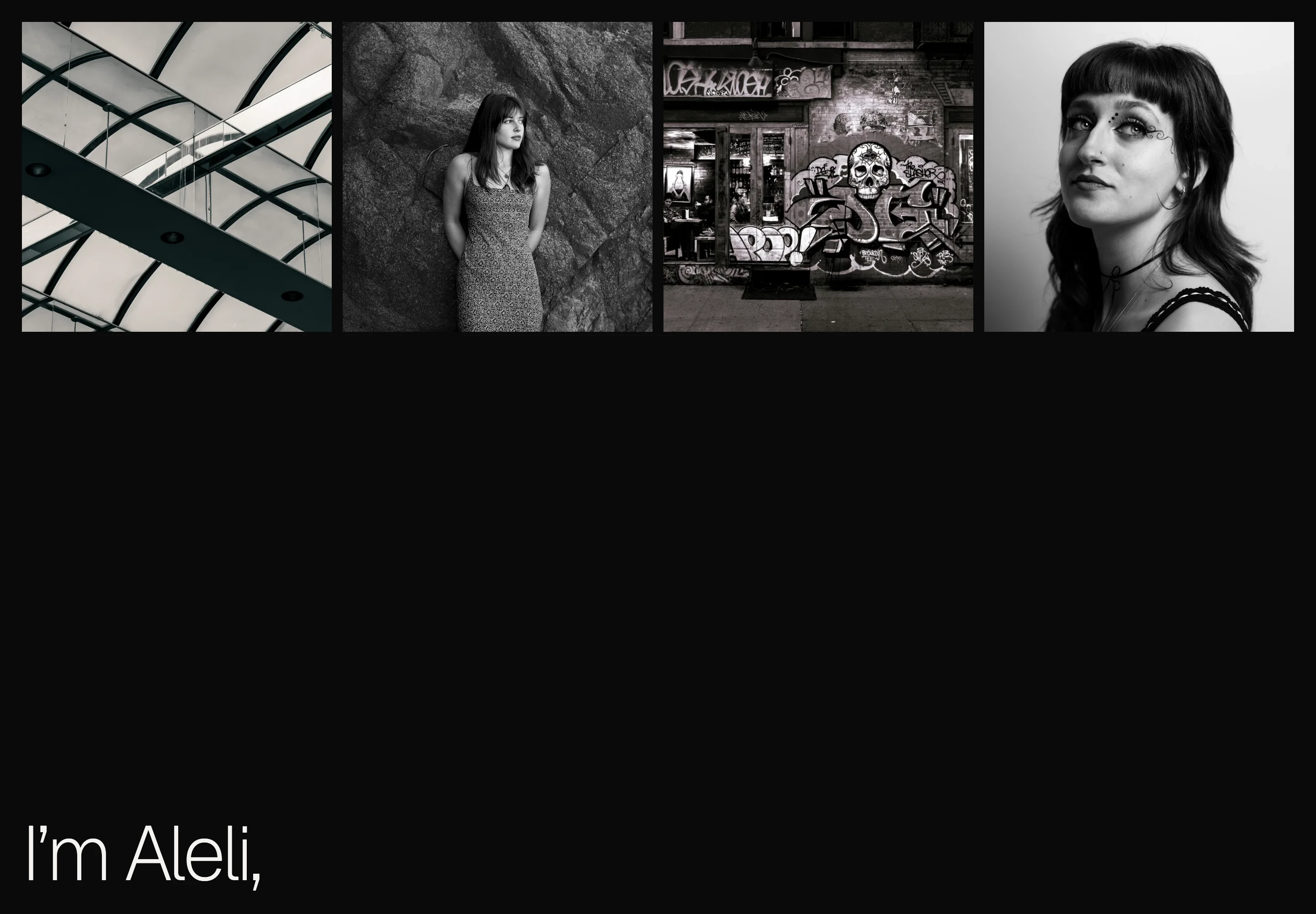 Aleli’s homepage: four photographs across a dark canvas with the introduction “I’m Aleli,” below.