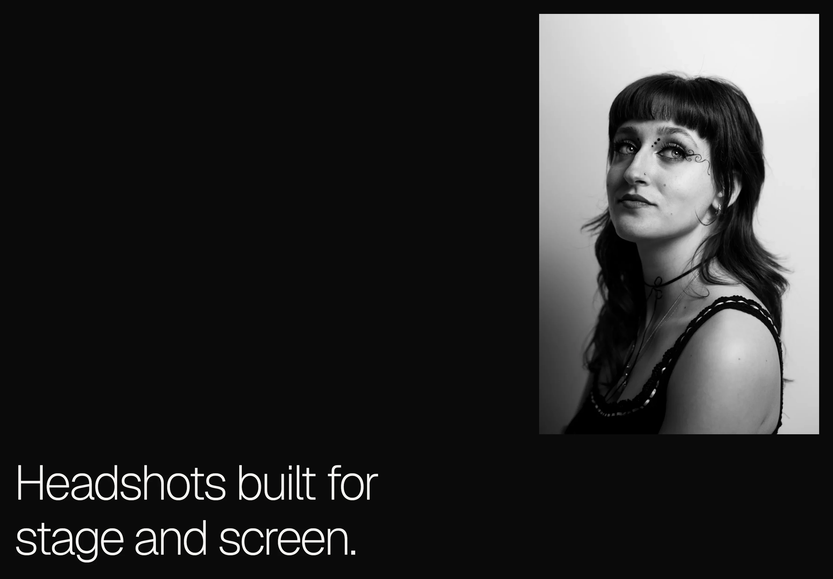 New York City headshots page, with a black-and-white portrait beside the heading “Headshots built for stage and screen.”