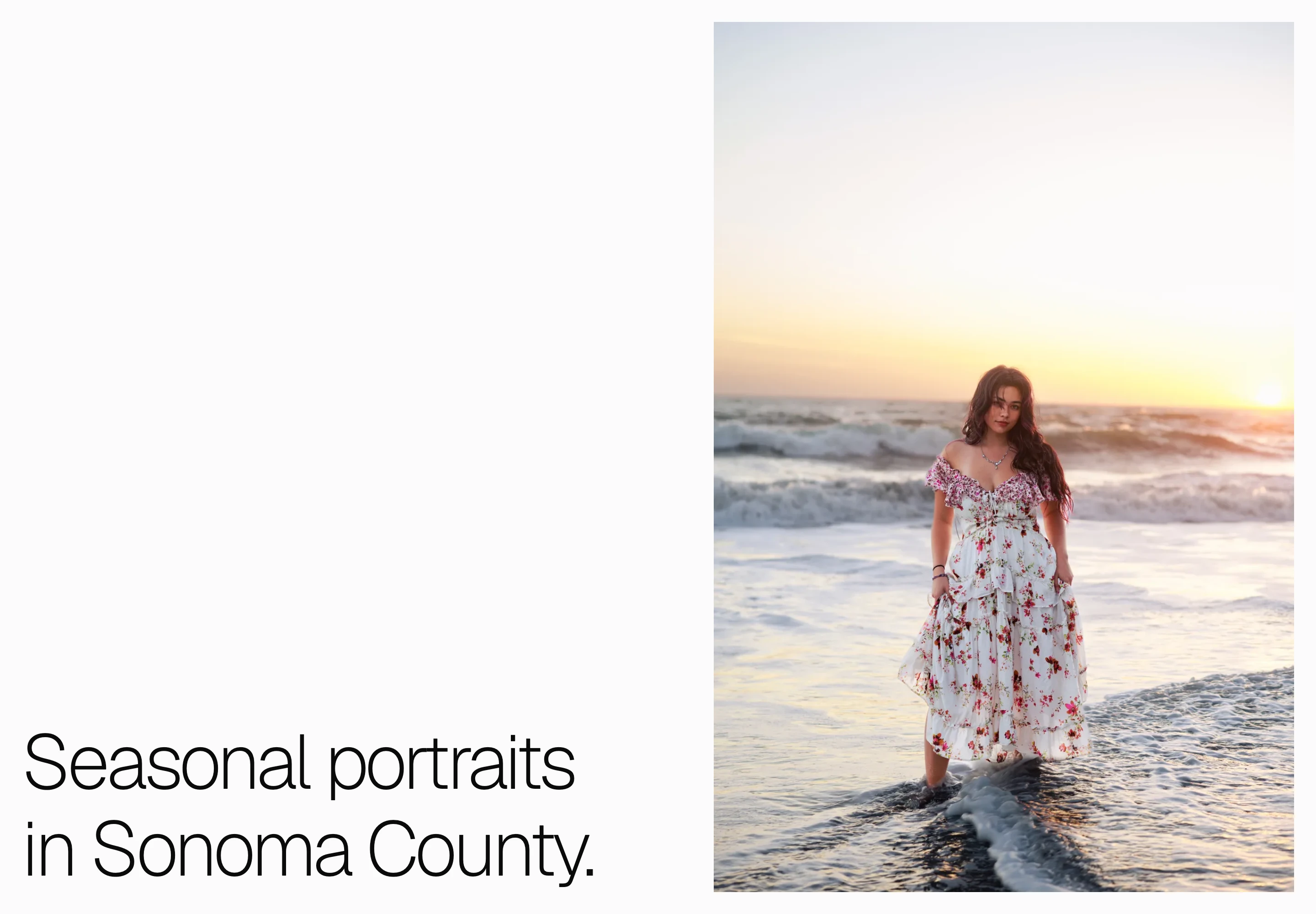 Sonoma County portraits page, with a sunset beach portrait on a light background.